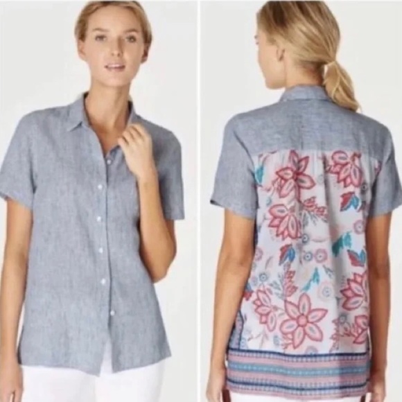 J.Jill Linen Stripe Floral Back Button Down Shirt - Picture 5 of 5